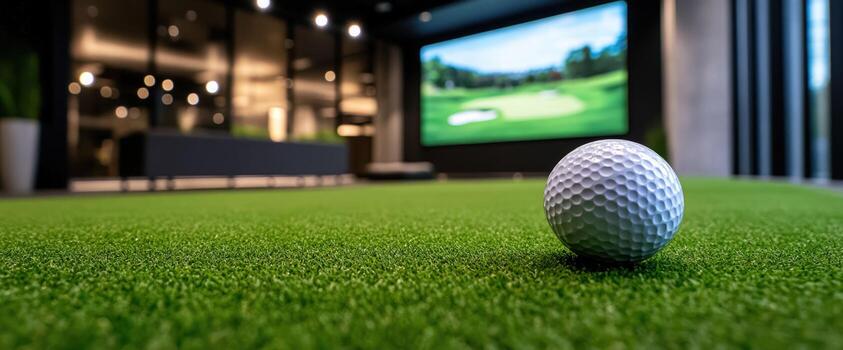 Golf ball on an indoor putting green with simulator screen